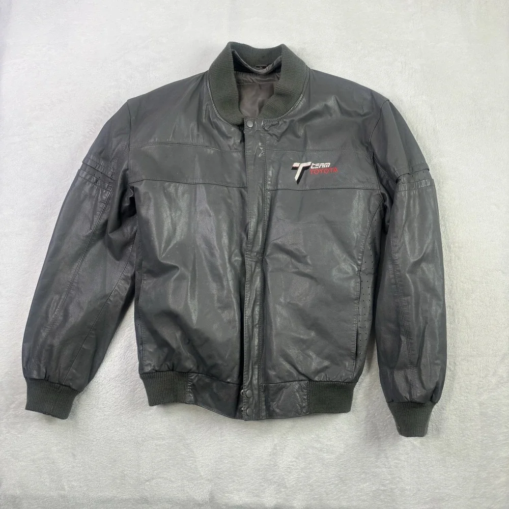 VTG 80s Team Toyota Grey Full Zip Long Sleeve Leather Jacket Motorcycle SZ Small
